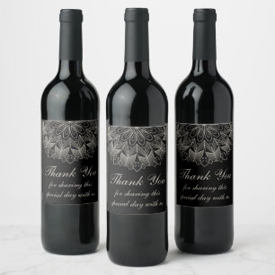 Étiquette Pour Bouteilles De Vin Mandala Indien Noir Élégant Mariage Remerciements