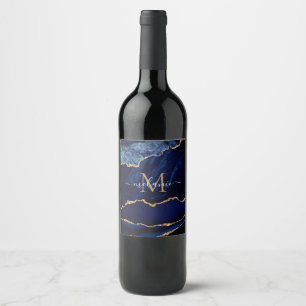 Étiquette Pour Bouteilles De Vin Marbre bleu marine Marbre Monogramme Nom Bottle Ét