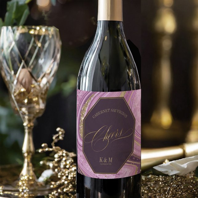 Étiquette Pour Bouteilles De Vin Mariage Agate Abstrait Cheers V2 Mauve ID827 (Créateur téléchargé)