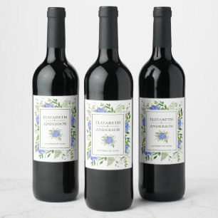 Étiquette Pour Bouteilles De Vin Mariage aquarelle aux hortensias bleus