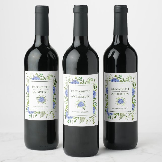 Étiquette Pour Bouteilles De Vin Mariage aquarelle aux hortensias bleus (Bouteilles)