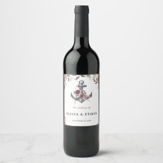 Étiquette Pour Bouteilles De Vin Mariage aquarelle florale d'ancre nautique