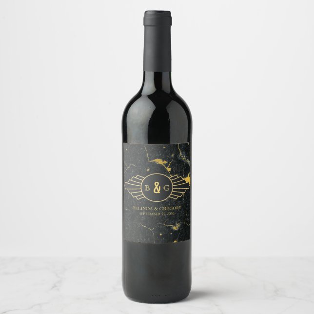 Étiquette Pour Bouteilles De Vin Mariage Art déco en marbre d'or noir (Devant)