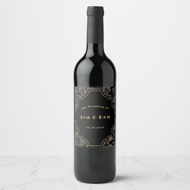 Étiquette Pour Bouteilles De Vin Mariage Art Déco Fleurs d'or Noir (Devant)