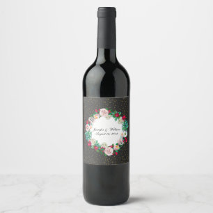 Étiquette Pour Bouteilles De Vin Mariage avec confettis d'or et couronne de fleurs