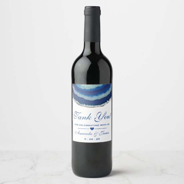 Étiquette Pour Bouteilles De Vin Mariage bleu marine Merci Agate (Devant)