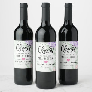 Étiquette Pour Bouteilles De Vin Mariage Bohème Fleurs de Rose Violette Rustique Eu