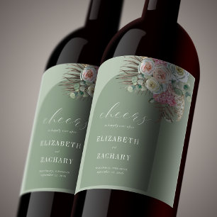 Étiquette Pour Bouteilles De Vin Mariage Bohème Tropical Floral Vert Sauge Arches