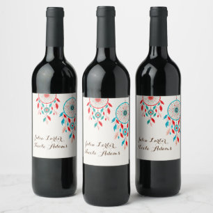 Étiquette Pour Bouteilles De Vin Mariage Boho Tribal attrape-rêves à plumes