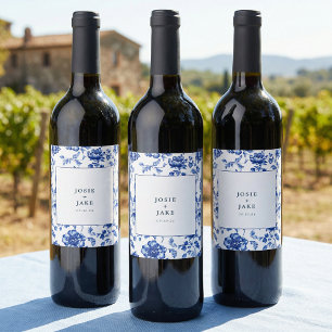 Étiquette Pour Bouteilles De Vin Mariage carré en chinoiserie bleu poussiéreux