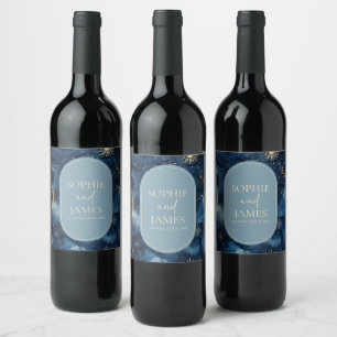 Étiquette Pour Bouteilles De Vin Mariage Céleste Élégant Bleu Or Ciel Étoilé