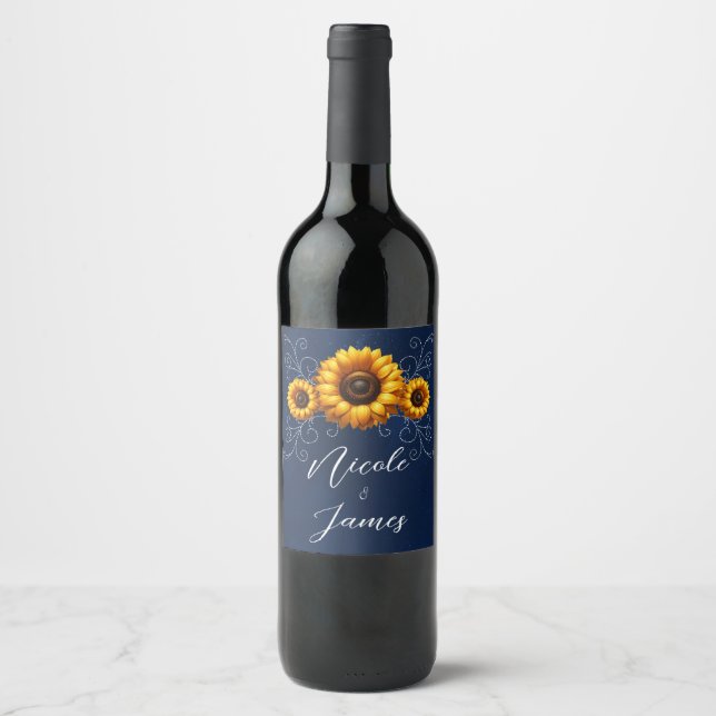 Étiquette Pour Bouteilles De Vin Mariage Chic Campagnard Tournesol Étincelle Bleu  (Devant)