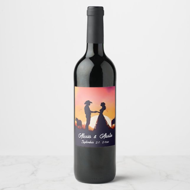 Étiquette Pour Bouteilles De Vin Mariage Cowboy et Cowgirl en Silhouette (Devant)