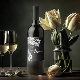 Étiquette Pour Bouteilles De Vin Mariage damassé moderne noir et blanc élégant