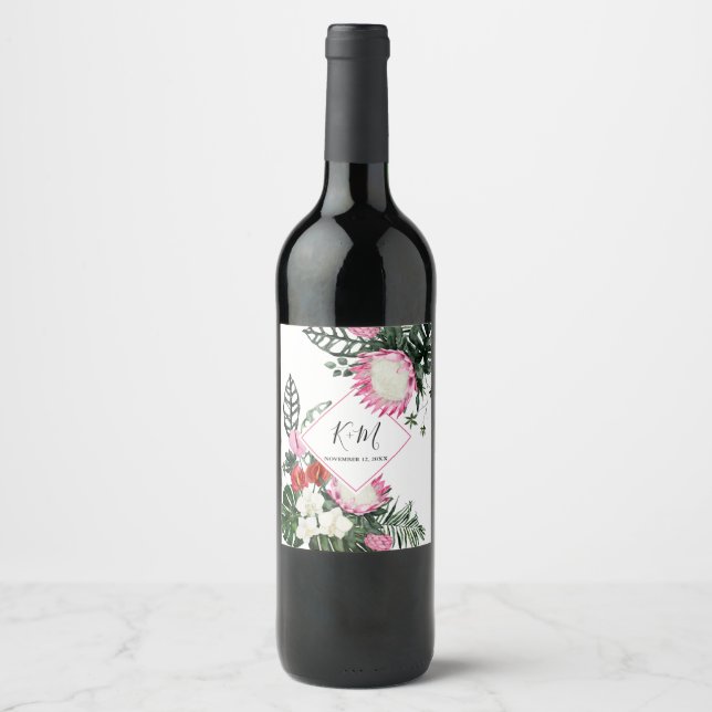 Étiquette Pour Bouteilles De Vin Mariage d'aquarelle à fleurs tropicales (Devant)