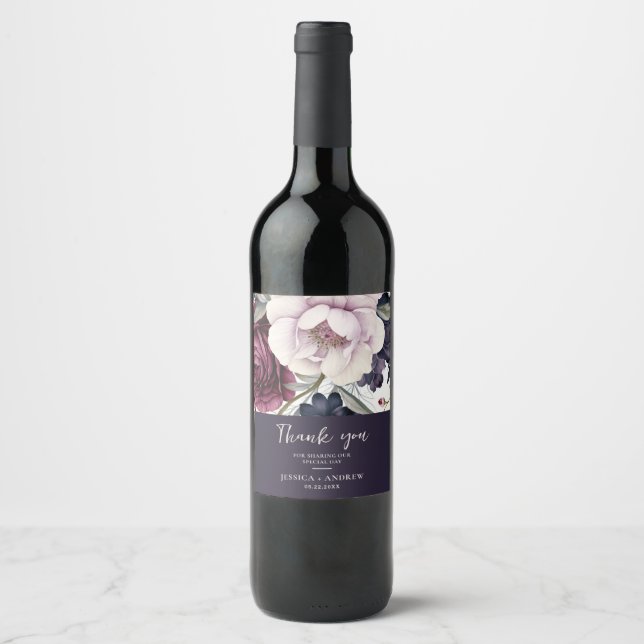 Étiquette Pour Bouteilles De Vin Mariage d'aquarelle florale de prune bordeaux (Devant)