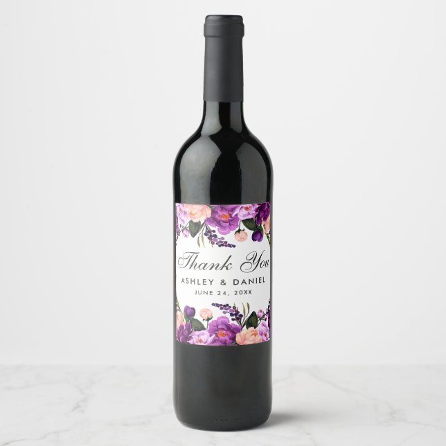 Étiquette Pour Bouteilles De Vin Mariage d'aquarelle violet ultra violet (Devant)