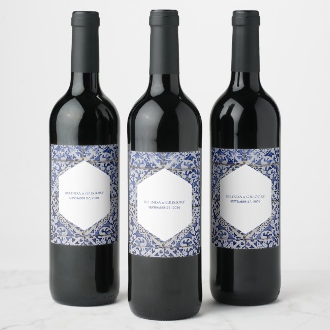 Étiquette Pour Bouteilles De Vin Mariage de carreaux portugais rustiques (Bouteilles)