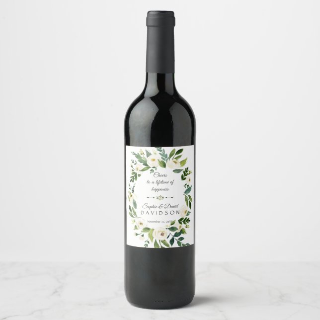 Étiquette Pour Bouteilles De Vin Mariage de couronnes de fleurs vertes blanches (Devant)
