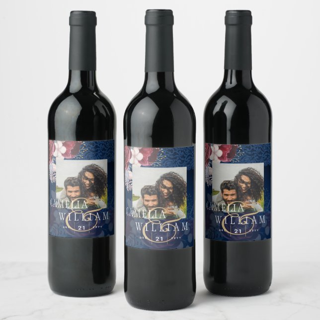 Étiquette Pour Bouteilles De Vin Mariage de dentelle florale bleu Bourgogne (Bouteilles)