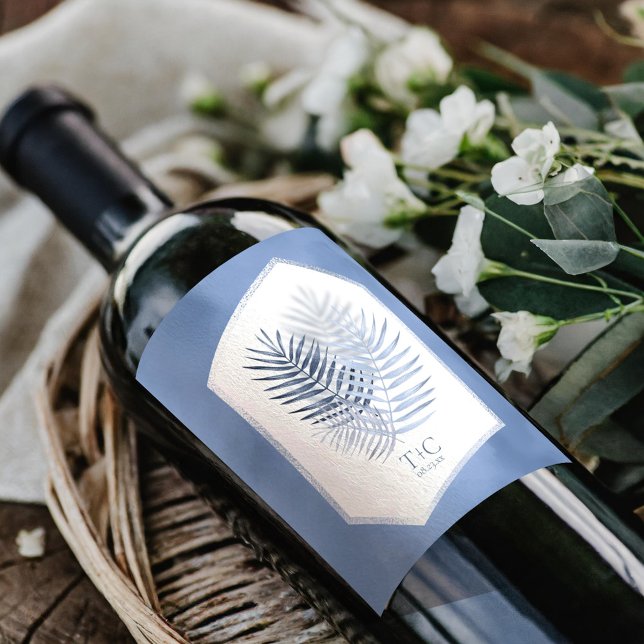 Étiquette Pour Bouteilles De Vin Mariage de feuille de palme luxuriante ID956 bleu (Créateur téléchargé)