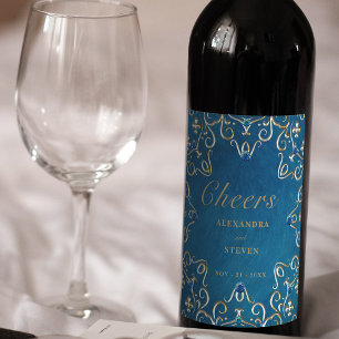 Étiquette Pour Bouteilles De Vin Mariage de Luxe Or Bleu Velours Élégant