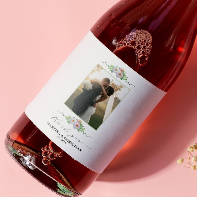 Étiquette Pour Bouteilles De Vin Mariage de Merci de photos florales (Créateur téléchargé)