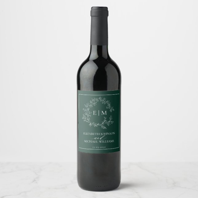 Étiquette Pour Bouteilles De Vin Mariage de monogramme vert émeraude moderne (Devant)