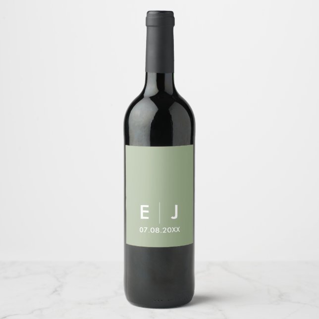 Étiquette Pour Bouteilles De Vin Mariage de monogramme vert et blanc Sage (Devant)