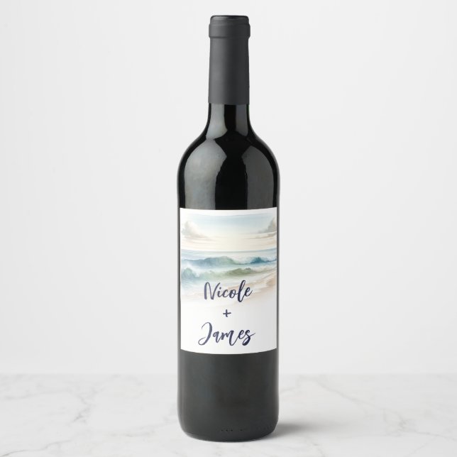 Étiquette Pour Bouteilles De Vin Mariage de plage rustique aux vagues à l'aquarelle (Devant)