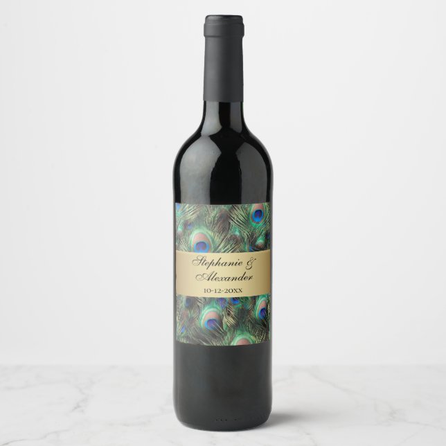Étiquette Pour Bouteilles De Vin Mariage de plumes de paon d'or (Devant)