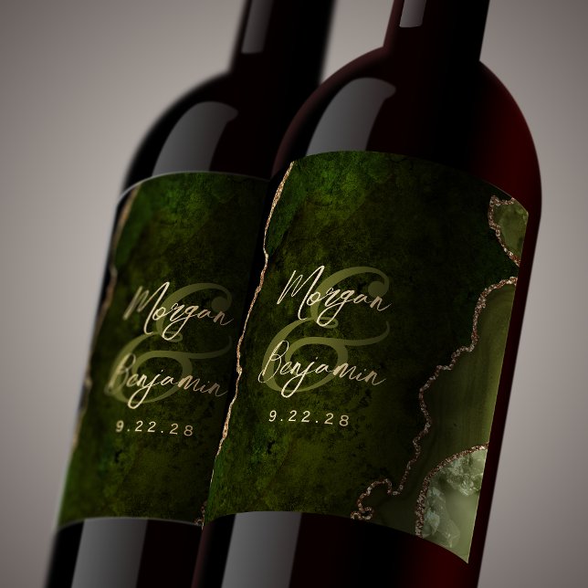 Étiquette Pour Bouteilles De Vin Mariage de script Gold Agate vert d'olive (Créateur téléchargé)