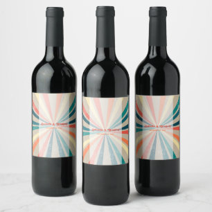 Étiquette Pour Bouteilles De Vin Mariage de Sunburst Arc-en-ciel coloré rétro