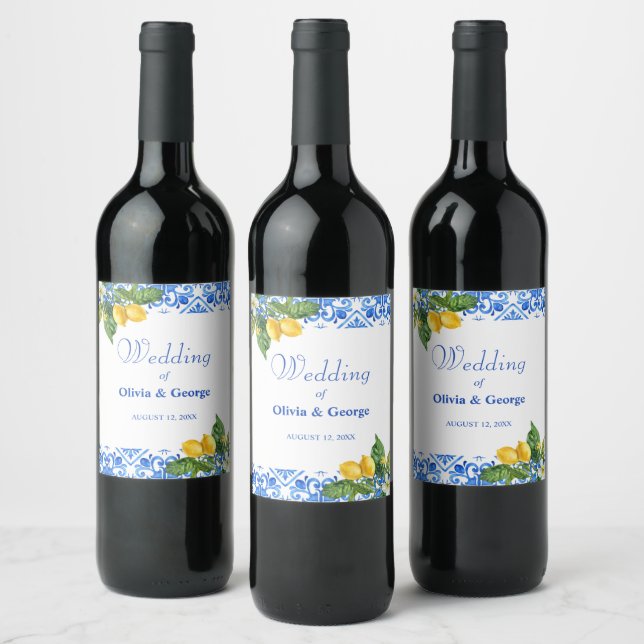 Étiquette Pour Bouteilles De Vin Mariage de tuiles et citrons bleu méditerranéen (Bouteilles)
