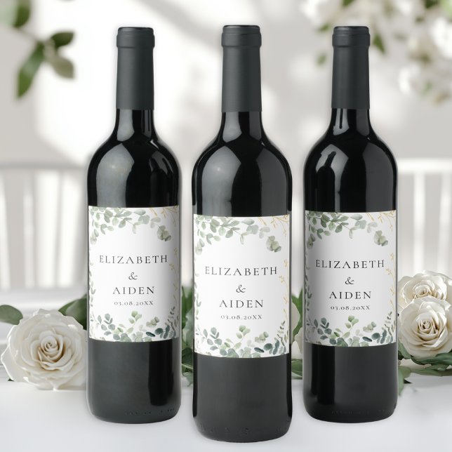 Étiquette Pour Bouteilles De Vin Mariage d'eucalyptus (Eucalyptus Wedding Wine Label with your name and date.)