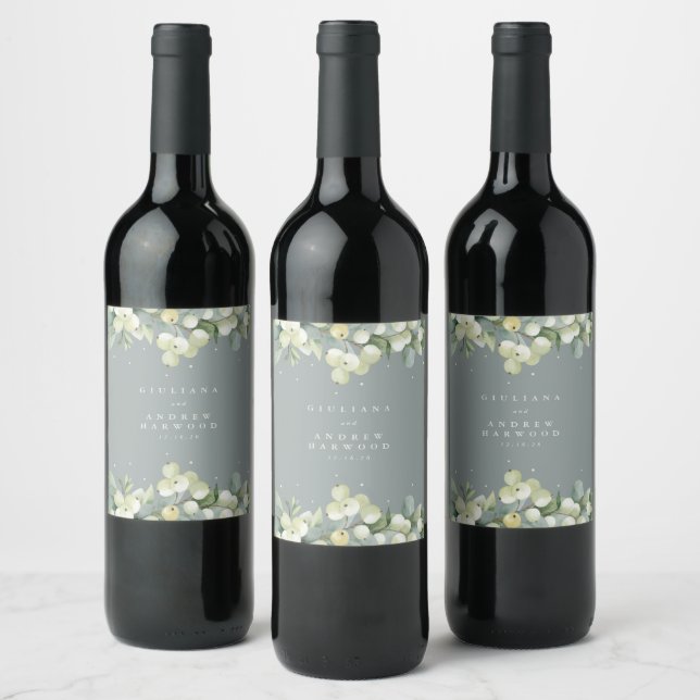 Étiquette Pour Bouteilles De Vin Mariage d'hiver Seafoam Green Snowberry+Eucalyptus (Bouteilles)