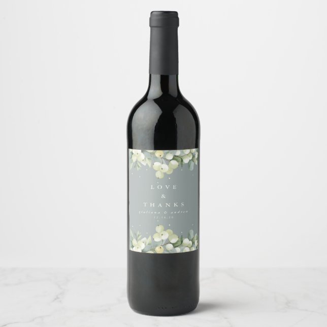 Étiquette Pour Bouteilles De Vin Mariage d'hiver Seafoam Green Snowberry+Eucalyptus (Devant)