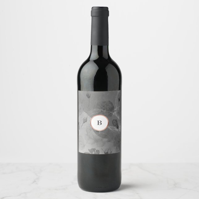 Étiquette Pour Bouteilles De Vin Mariage dramatique bohème floral gris or rose (Devant)