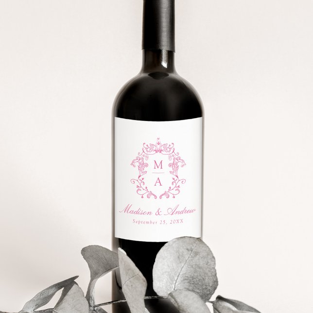 Étiquette Pour Bouteilles De Vin Mariage élégant avec monogramme et armoiries en ch (Créateur téléchargé)