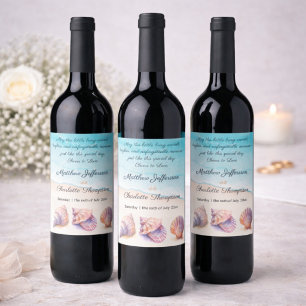 Étiquette Pour Bouteilles De Vin Mariage Élégant Bleu Aquarelle Coquillage de Plage