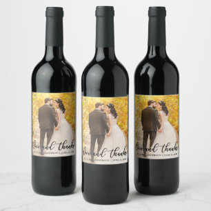Étiquette Pour Bouteilles De Vin Mariage Élégant Script Love et Merci Photo Blk
