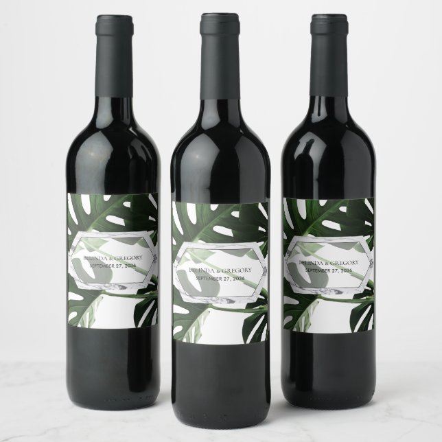 Étiquette Pour Bouteilles De Vin Mariage en marbre tropical Monstera (Bouteilles)