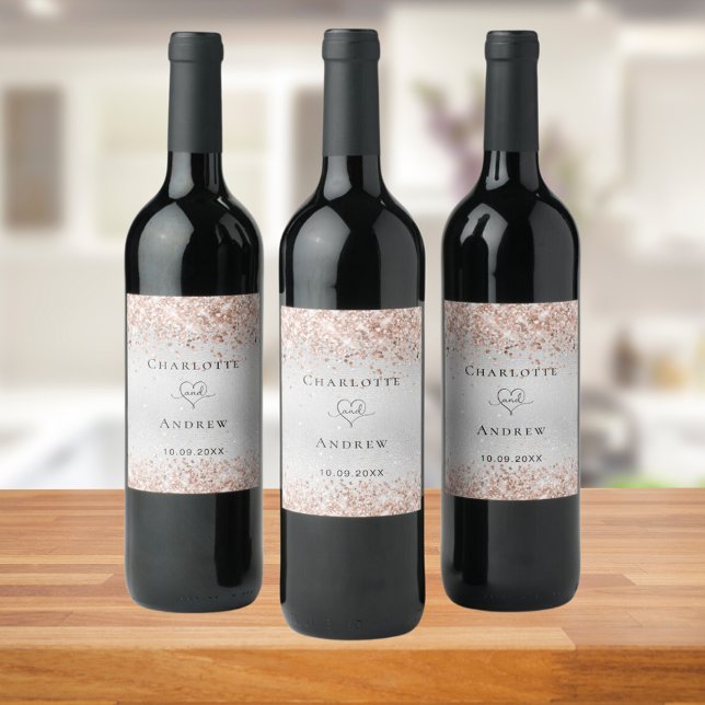 Étiquette Pour Bouteilles De Vin Mariage en or rose argent (Créateur téléchargé)
