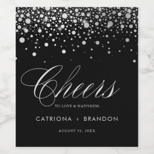 Étiquette Pour Bouteilles De Vin Mariage Faux Silver Foil et Black Confetti Dots
