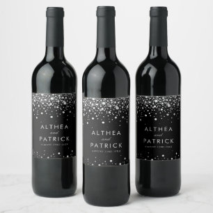 Étiquette Pour Bouteilles De Vin Mariage Faux Silver Foil et Black Confetti Dots
