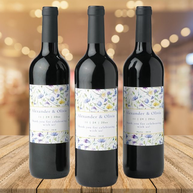 Étiquette Pour Bouteilles De Vin Mariage Fleur sauvage aquarelle (Watercolor Wildflowers Wedding Wine Label)