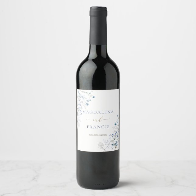 Étiquette Pour Bouteilles De Vin mariage fleur sauvage bleu (Devant)