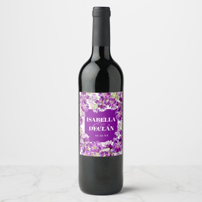 Étiquette Pour Bouteilles De Vin Mariage fleuri stock pourpre (Devant)