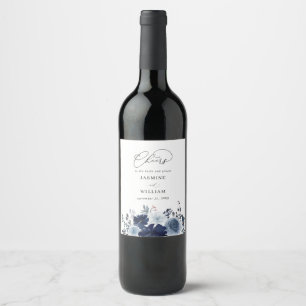 Étiquette Pour Bouteilles De Vin Mariage floral bleu et marine