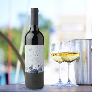 Étiquette Pour Bouteilles De Vin Mariage floral bleu et marine - gris bleu